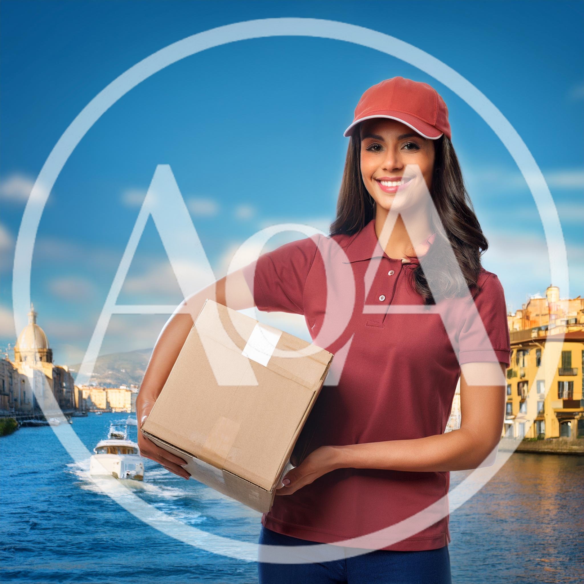 Smiling Delivery Woman Holding Cardboard Package