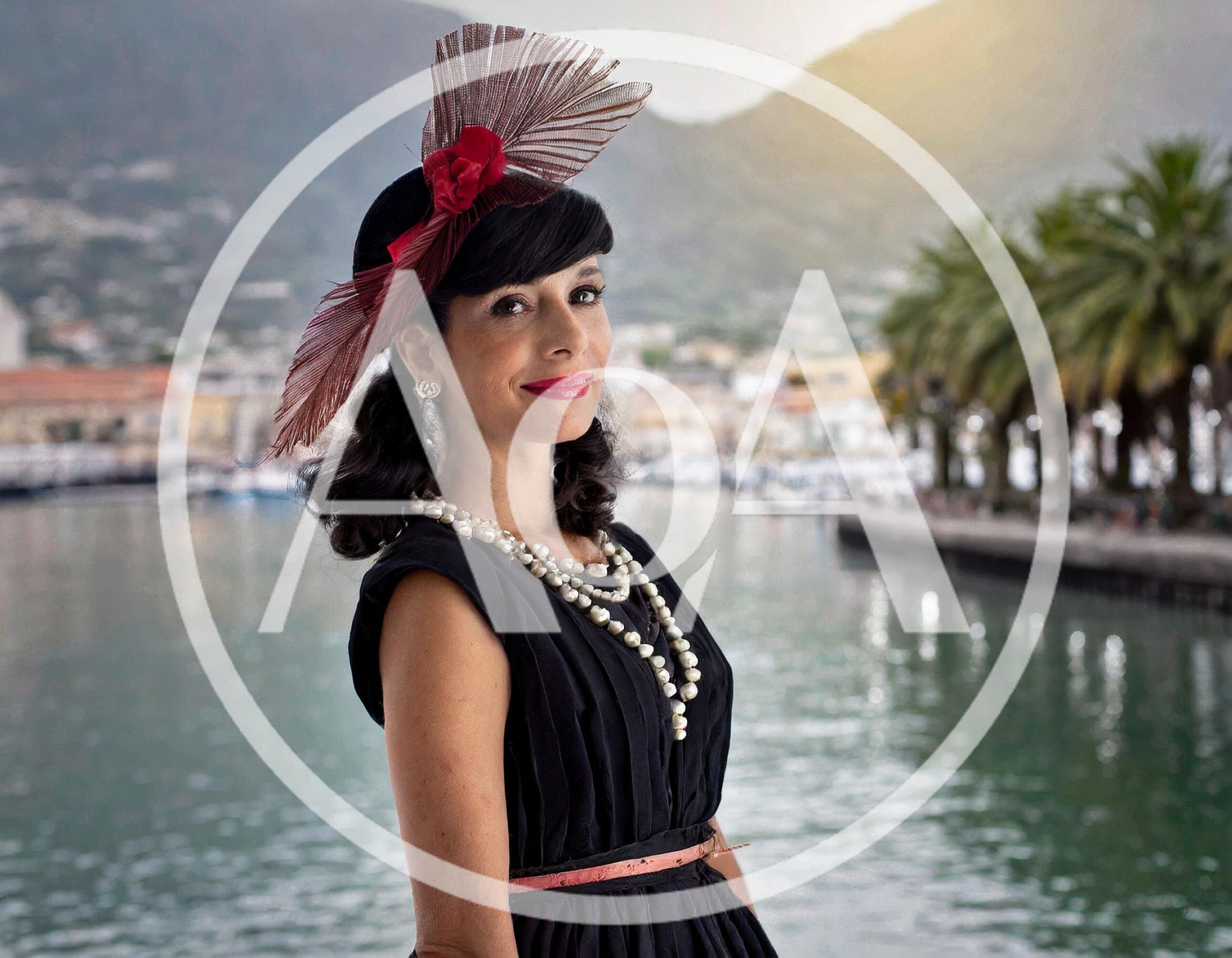 Elegant Woman Wearing Vintage Hat And Pearls By Harbor
