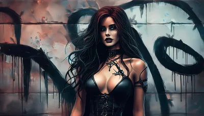 Gothic Woman With Dark Hair Against Graffiti Wall