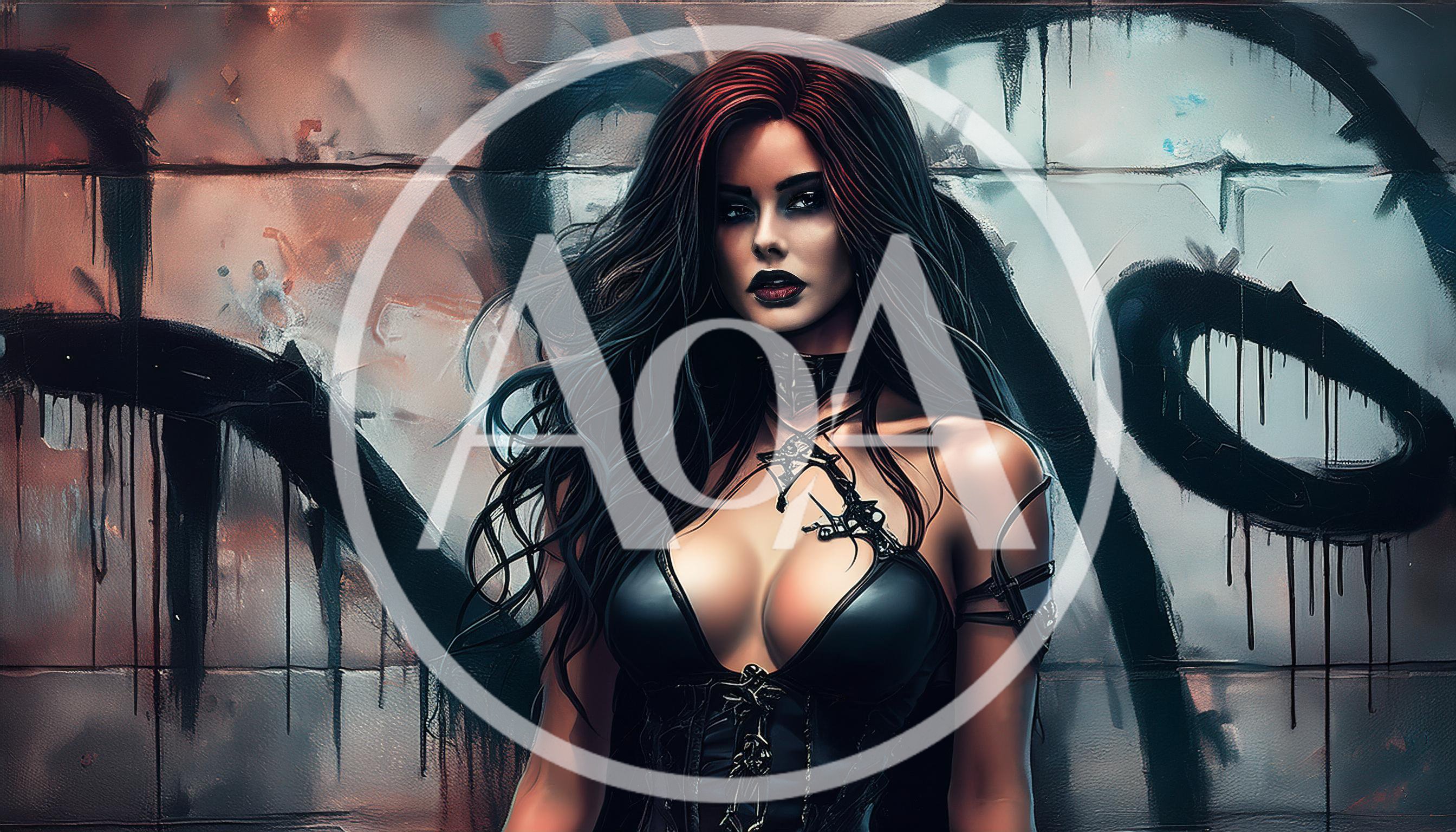 Gothic Woman With Dark Hair Against Graffiti Wall