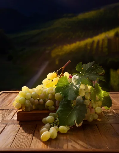 Fresh Green Grapes on Wooden Table in Vineyard