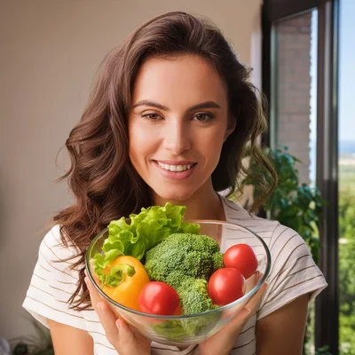 Smiling Woman Holding A Bowl Of Fresh Vegetables