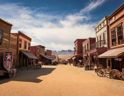 Old West Town Street With Wooden Buildings