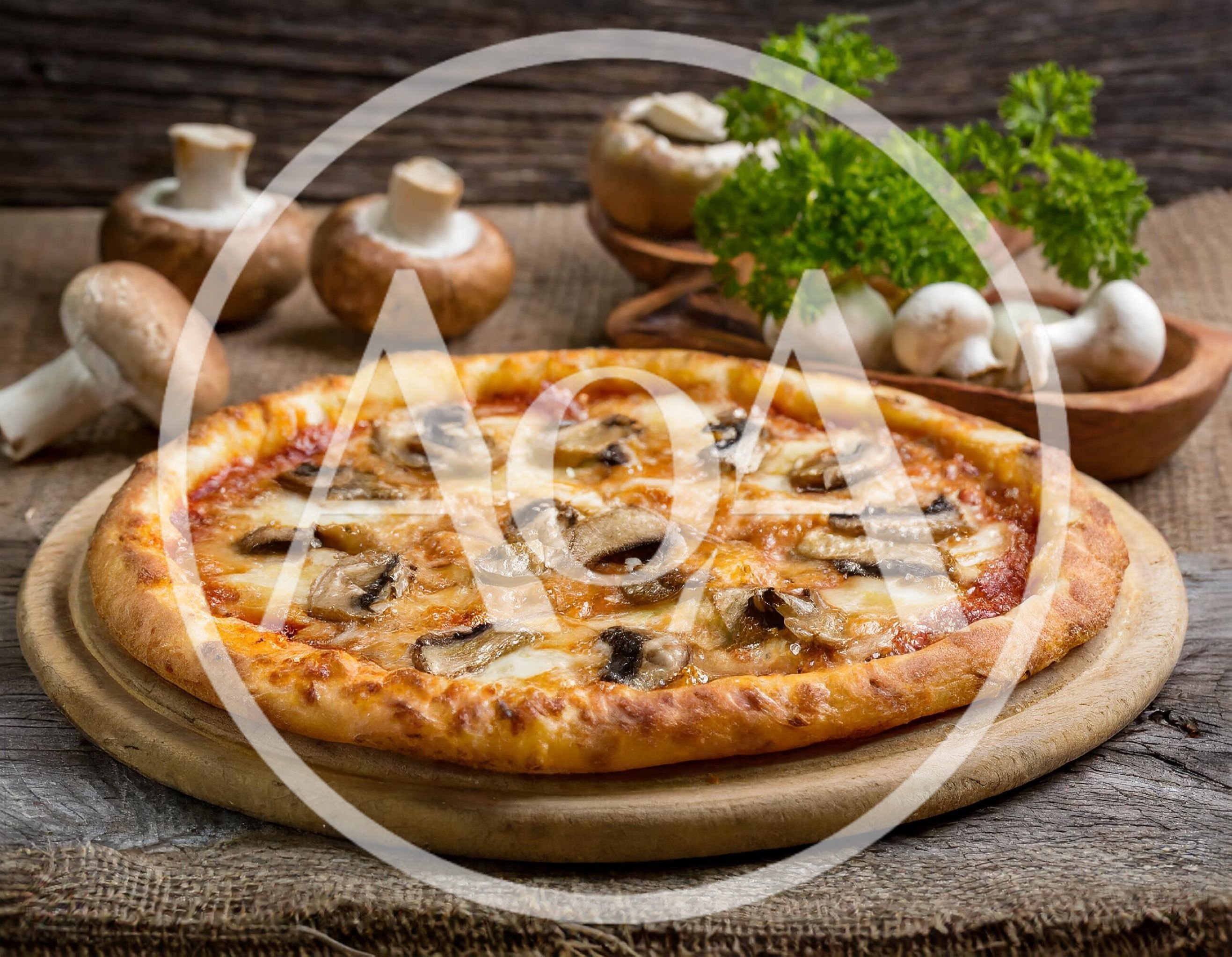 Fresh Mushroom Pizza On A Wooden Serving Board