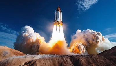 Space Shuttle Launching From A Desert Landscape