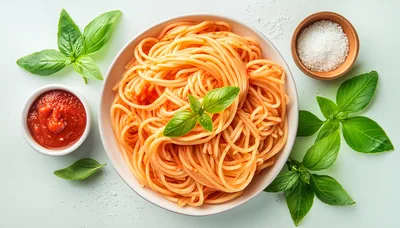 Spaghetti With Tomato Sauce And Fresh Basil Leaves