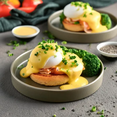 Two Plates Of Eggs Benedict With Broccoli
