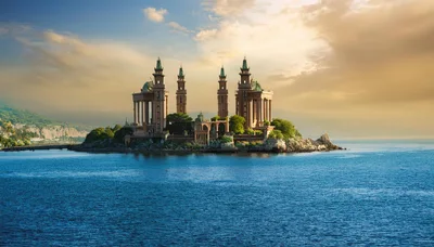 Fantasy Palace Architecture On A Rocky Island At Sunset