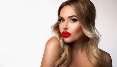 Portrait Of A Beautiful Blonde Woman With Red Lips