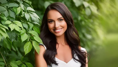 Smiling Young Woman With Long Dark Hair Outdoors