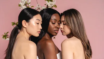 Three Diverse Women Posing Together Against Pink Background