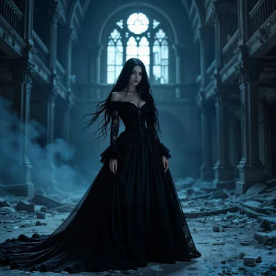 Gothic Woman In Black Dress Standing In Ruined Hall