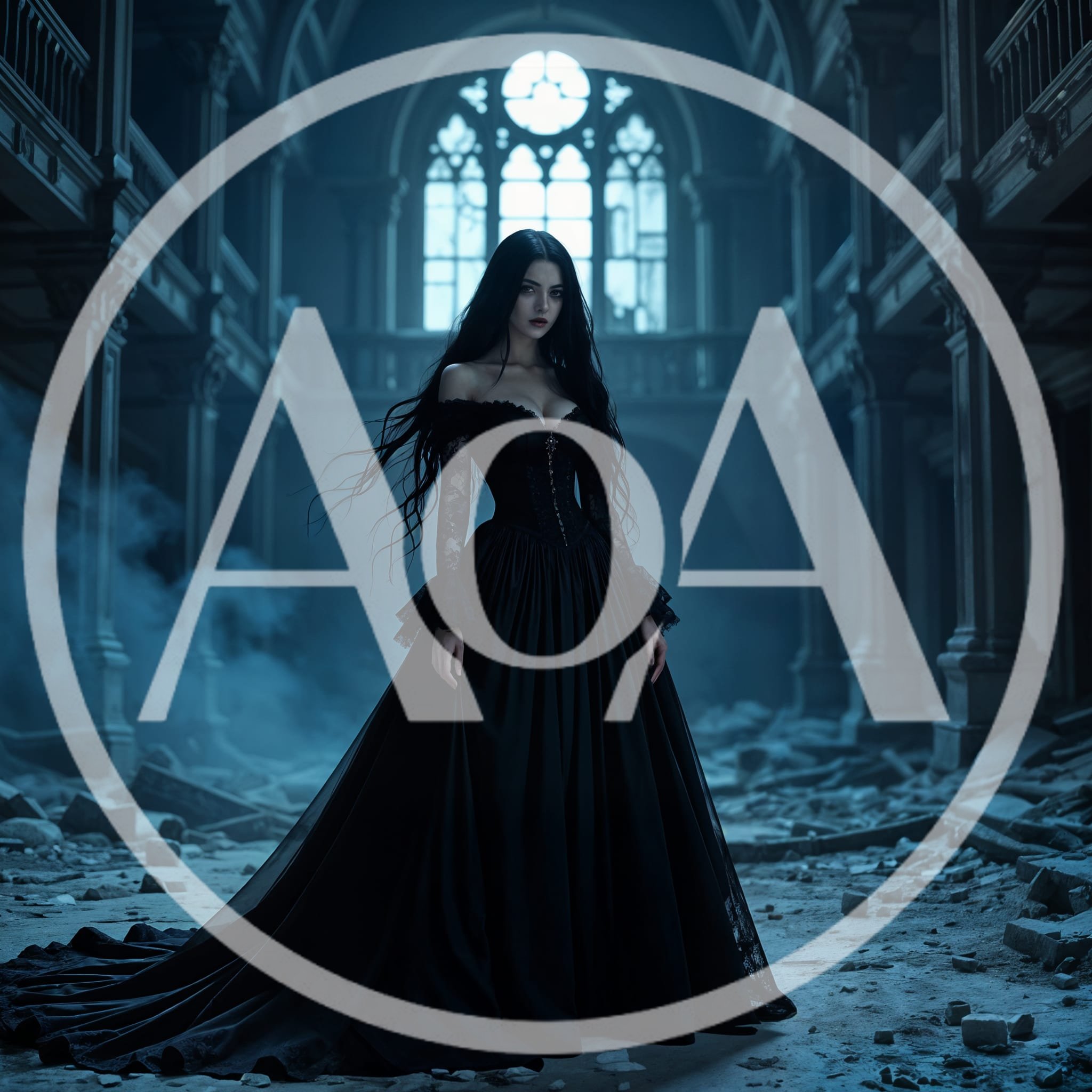 Gothic Woman In Black Dress Standing In Ruined Hall