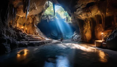 Sunlight Beams Illuminating A Serene Underground Cave Pool