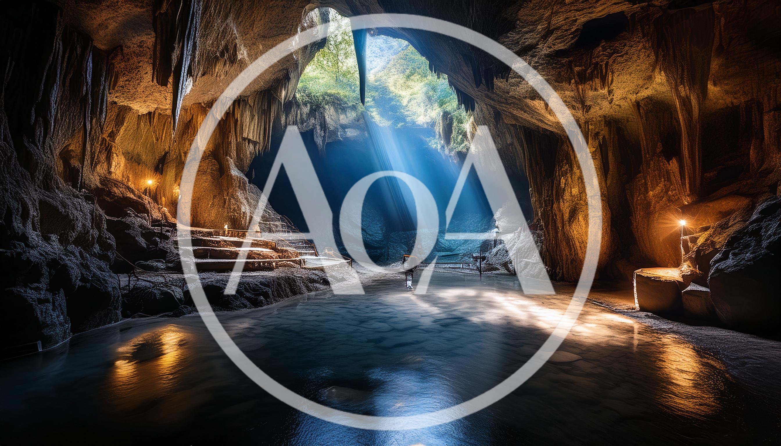Sunlight Beams Illuminating A Serene Underground Cave Pool