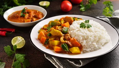 Vegetable Curry With Steamed Rice On A Plate