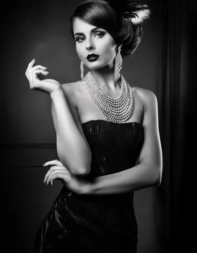 Elegant Woman Wearing Pearl Necklace And Evening Gown