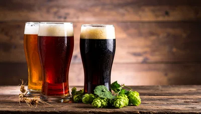 Three Glasses Of Beer With Hops On Wooden Table