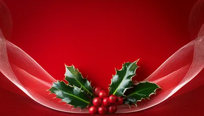 Christmas Holly Berries and Leaves on Red Background