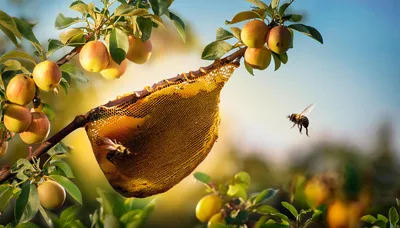 Honeybee Hive Hanging From A Fruit Tree Branch