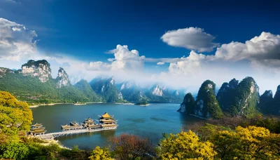 Traditional Chinese Pavilion On A Scenic Mountain Lake