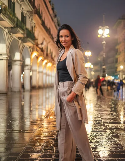 Elegant Woman Standing In A Rainy European City Square