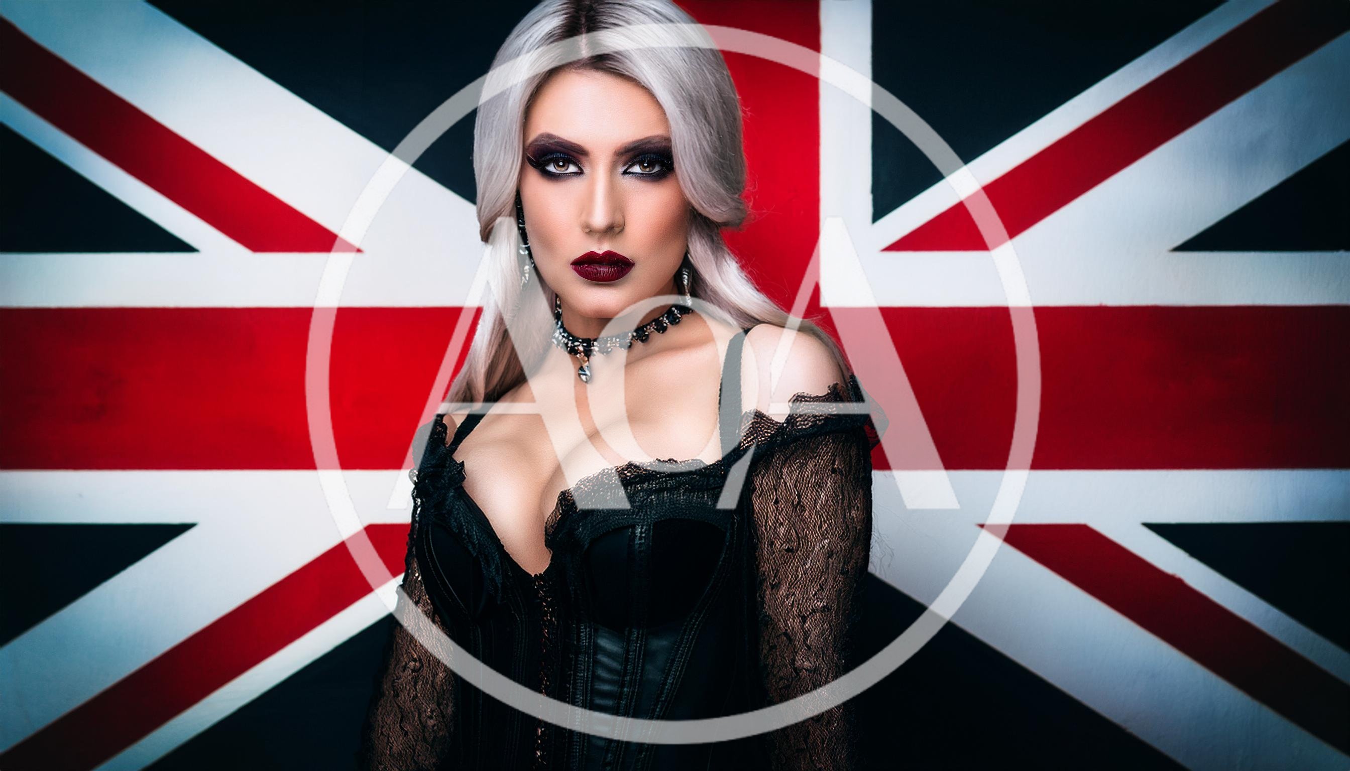 Gothic Woman Posing In Front Of British Flag