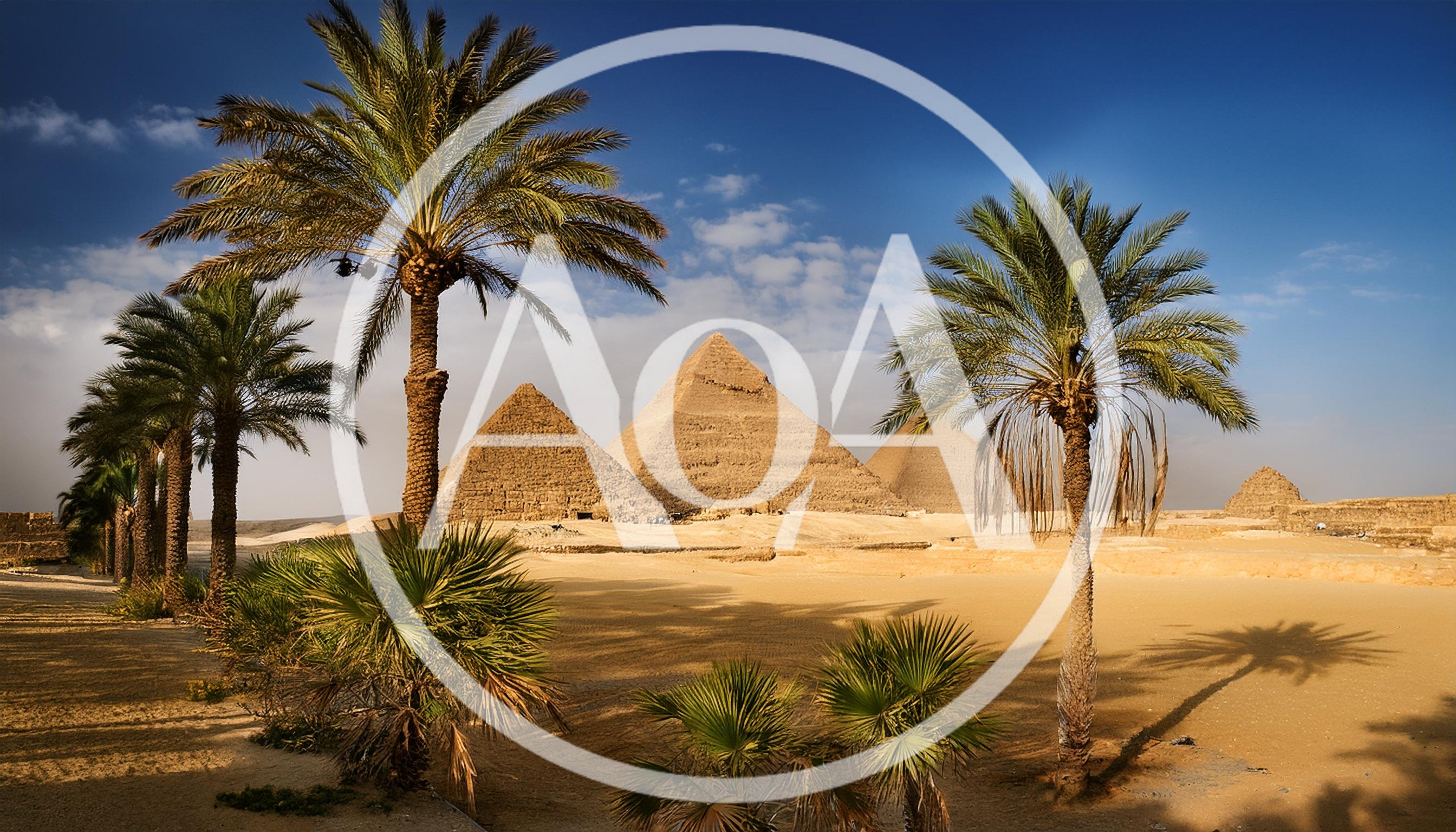 The Great Pyramids Of Giza With Palm Trees