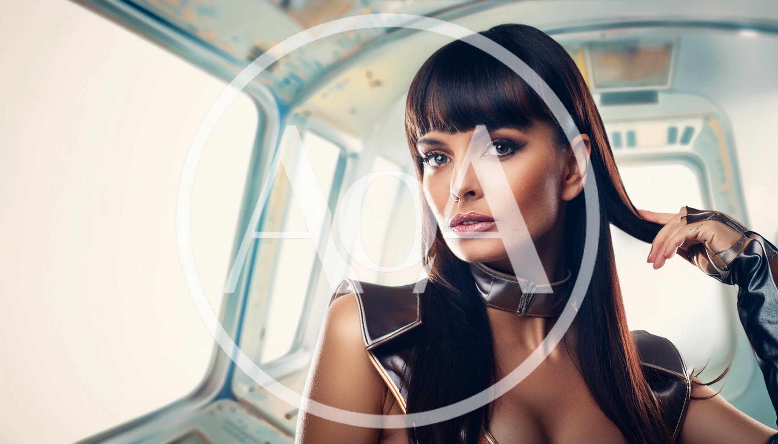 Futuristic Woman With Dark Hair In Spaceship Interior