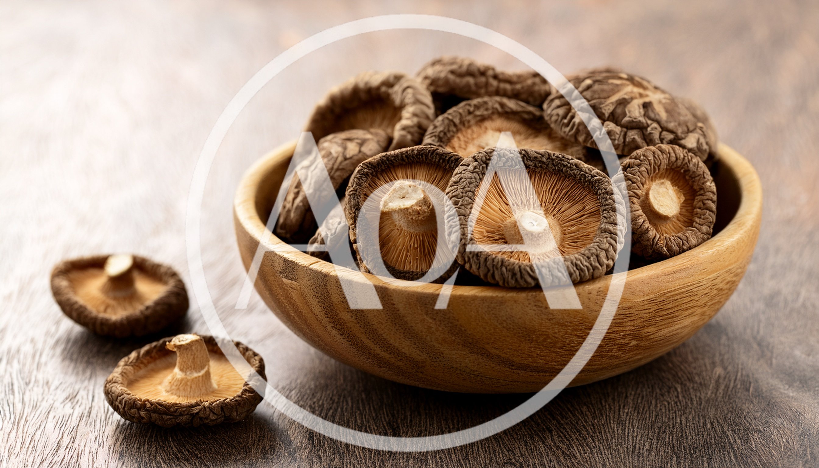 Dried Shiitake Mushrooms In A Wooden Bowl