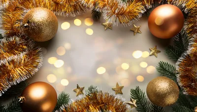 Christmas Holiday Frame With Golden Ornaments And Tinsel
