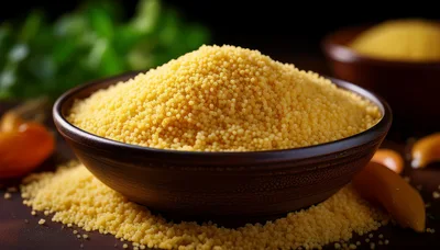 Bowl Of Raw Couscous Grains On Wooden Table
