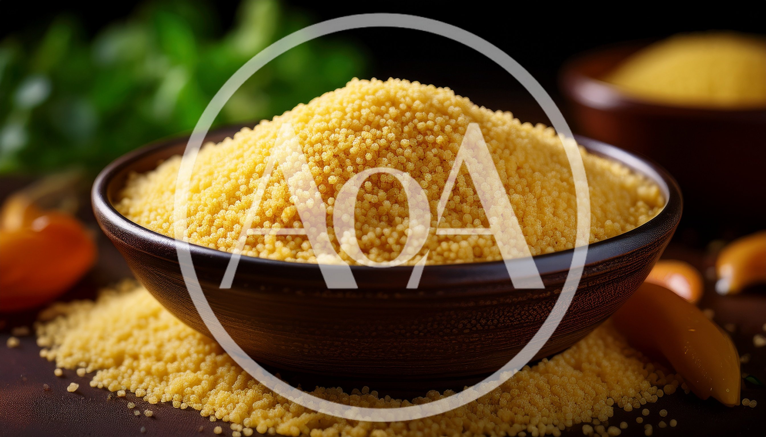 Bowl Of Raw Couscous Grains On Wooden Table