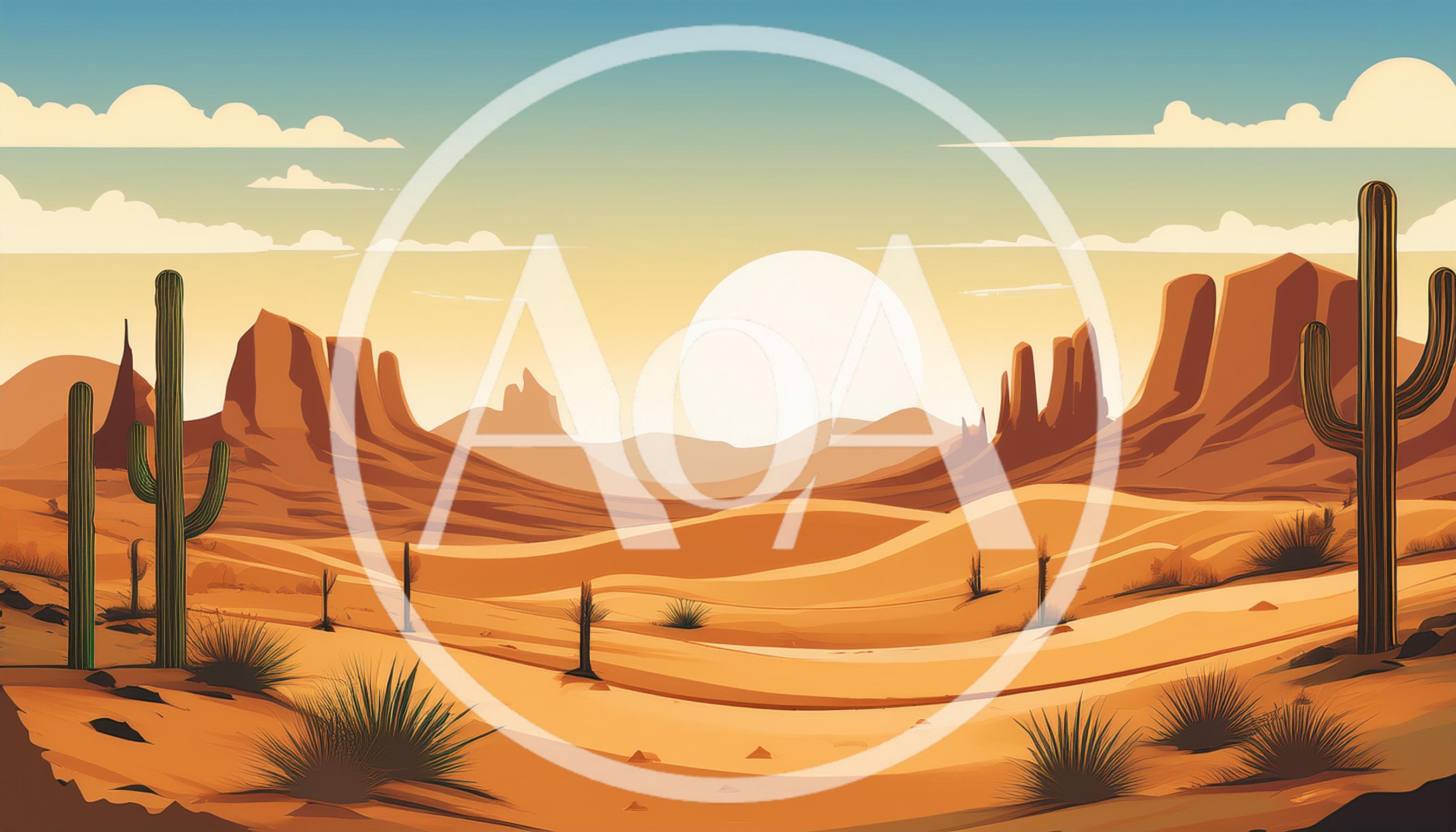 Desert Landscape With Cacti And Sand Dunes