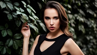 Portrait Of A Beautiful Woman Standing By Ivy Leaves