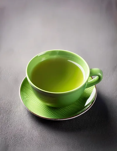 Green Tea Cup On A Textured Saucer