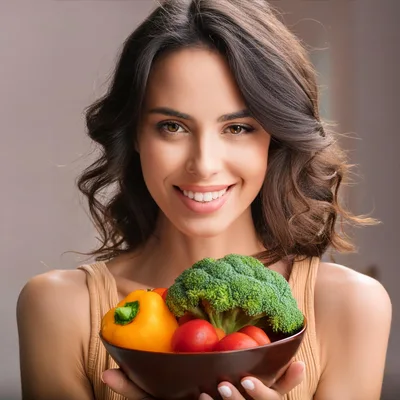 Smiling Woman Holding A Bowl Of Fresh Vegetables