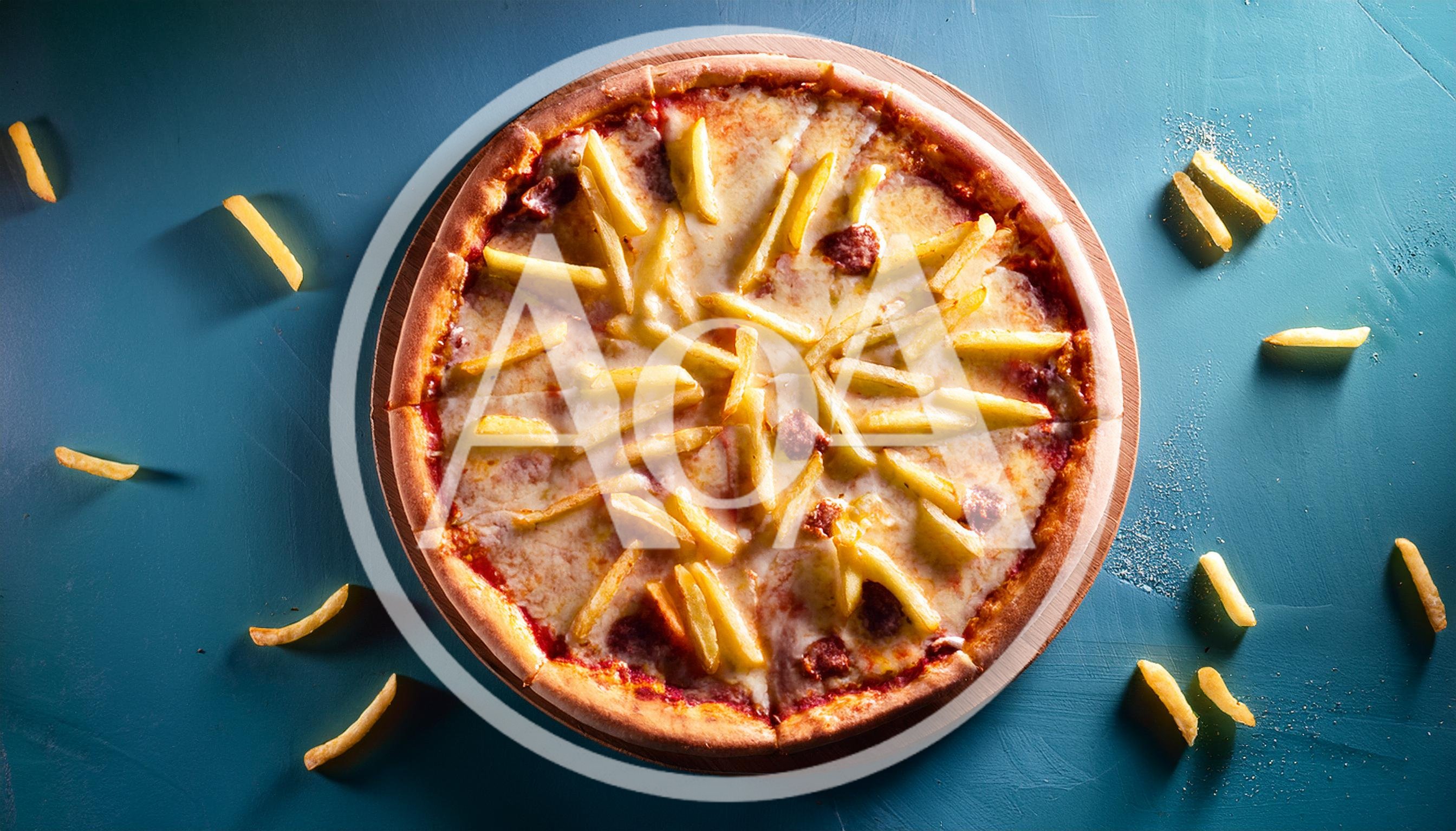 Pizza Topped With French Fries On A Blue Background