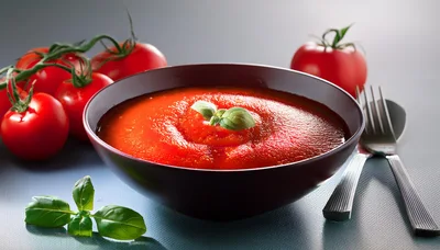 Bowl Of Tomato Soup With Fresh Basil And Tomatoes