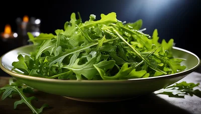 Fresh Arugula Salad Leaves In A Green Bowl