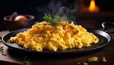 Steaming Plate Of Freshly Cooked Scrambled Eggs