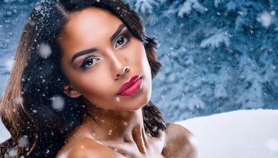 Beautiful Woman With Red Lips In Winter Snow