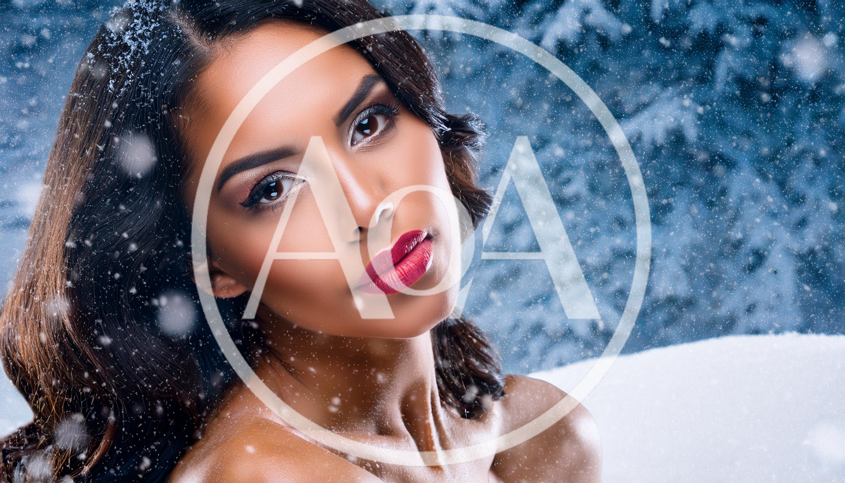 Beautiful Woman With Red Lips In Winter Snow