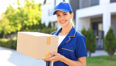 Smiling Delivery Woman Holding Cardboard Package