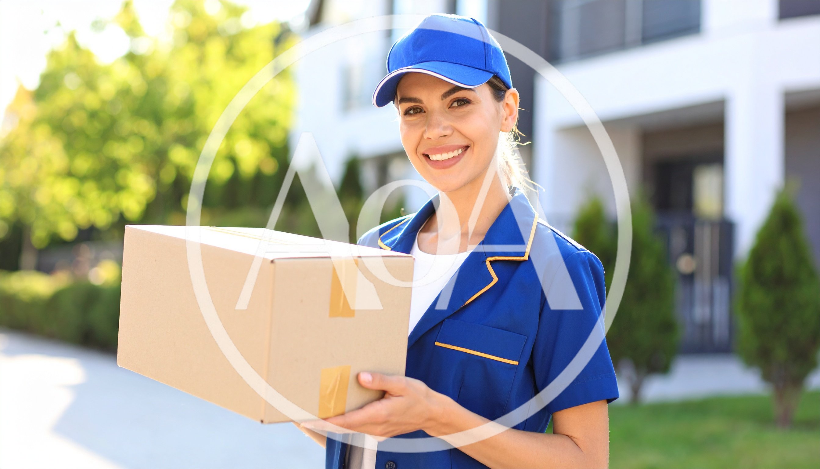 Smiling Delivery Woman Holding Cardboard Package