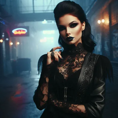 Gothic Woman In Dark Lace Outfit Standing In Alley