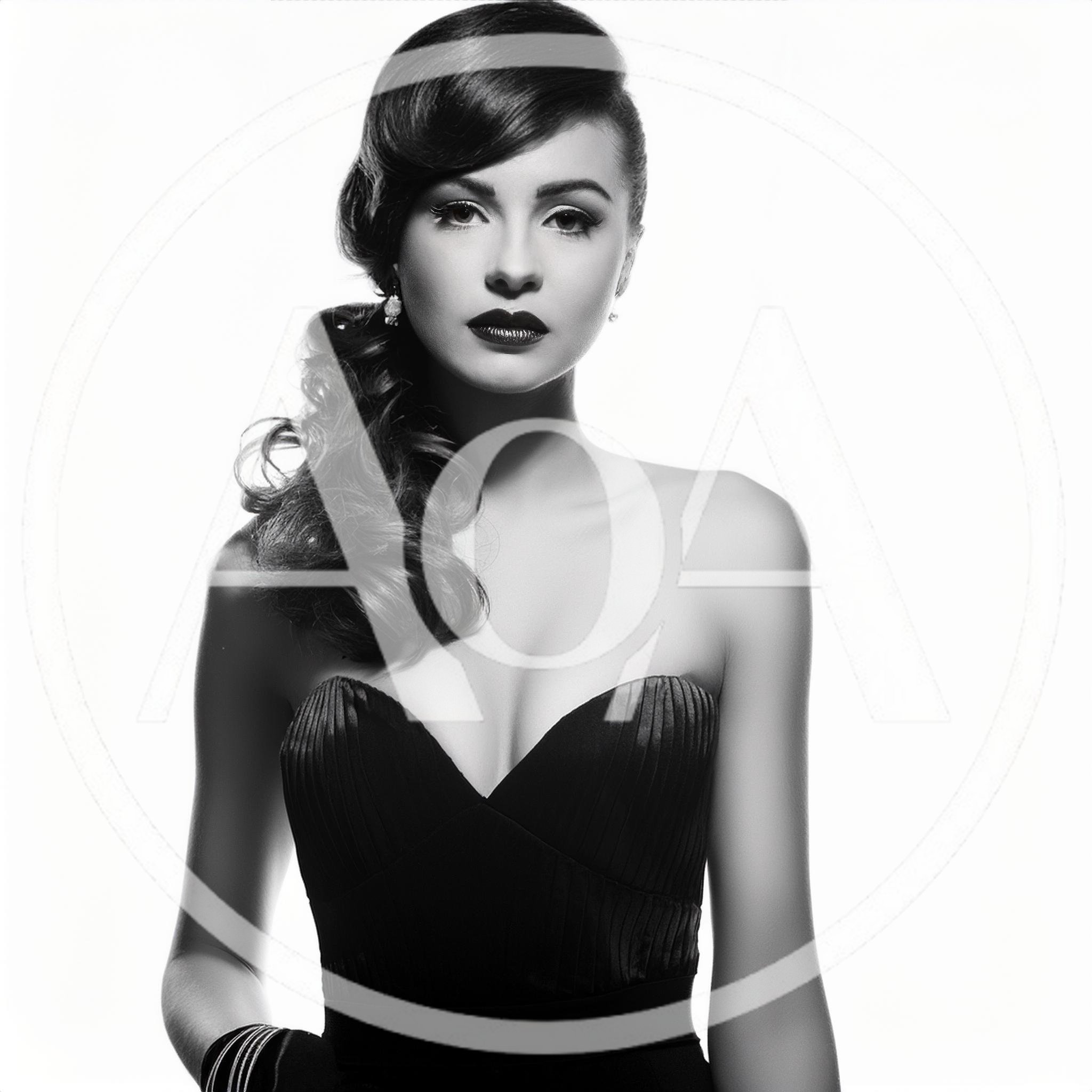 Elegant Woman With Vintage Hairstyle In Black Dress