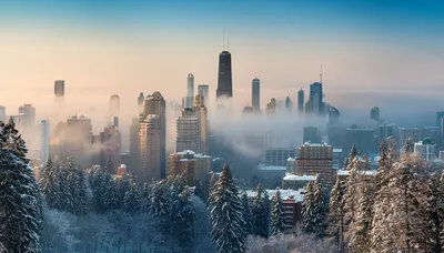 Chicago Skyline Emerging From Morning Fog In Winter