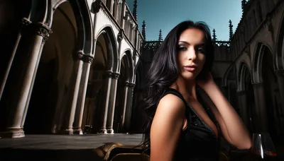 Elegant Woman Posing In Gothic Cathedral Cloisters