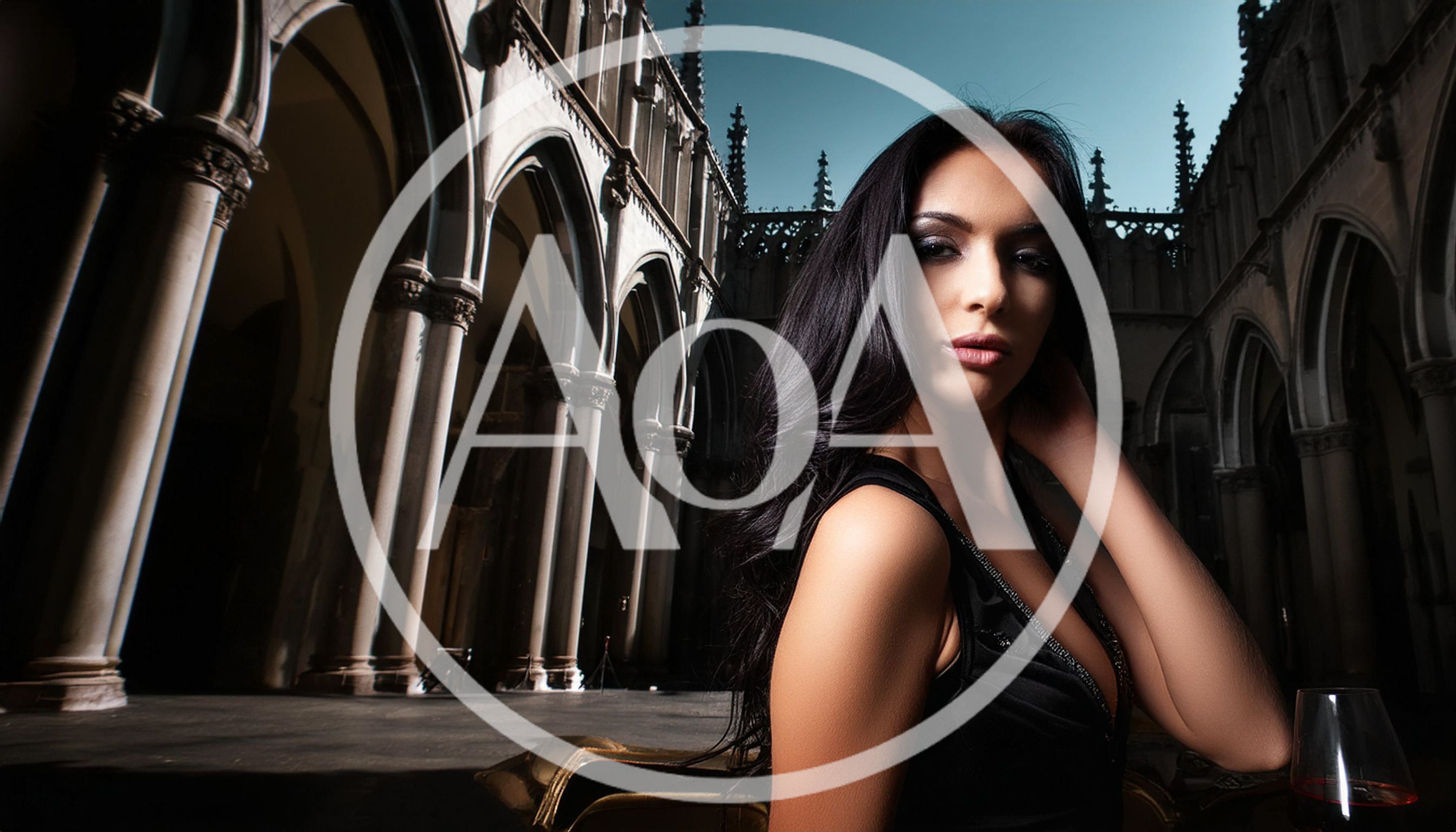 Elegant Woman Posing In Gothic Cathedral Cloisters